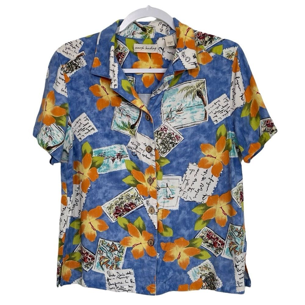 Marsh Landing Hawaiian Shirt Vacation Post Cards Tropical Floral Summer Size M